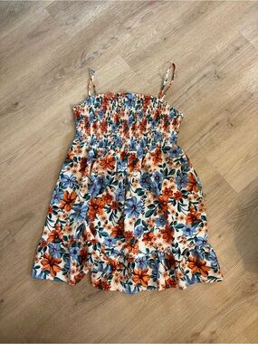 Floral Smocked Sundress with Blue and Orange Flowers